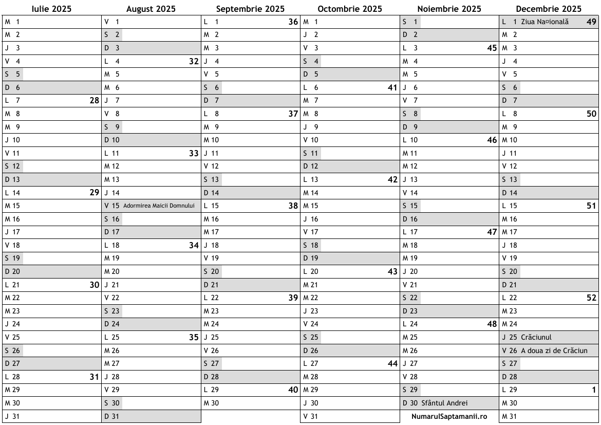 Calendar 2025, a doua jumătate